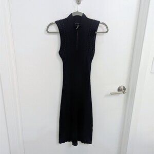 Black Ribbed Zip Mock Neck Lattice Arm Detail Sheath Dress WHBM XXS